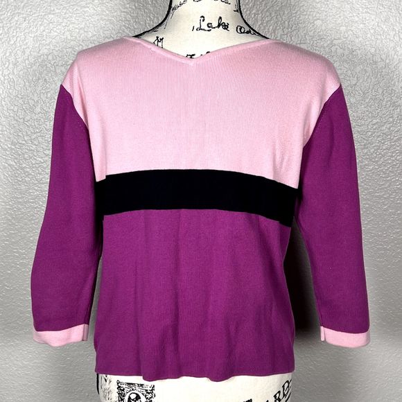 Harold's Sz L Hand-Framed Color Block Sweater 100% Cotton Knit 3/4 Sleeves Pink - Picture 2 of 9